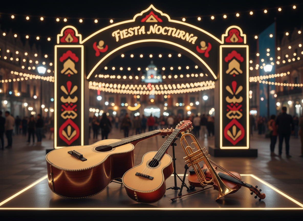 Un elegante arco de entrada digital-art para un evento nocturno en una plaza inspirada en Guadalajara, decorado con motivos tradicionales mexicanos estilizados y colores rojo, dorado y negro. En primer plano, sobre una plataforma iluminada, descansan solamente los instrumentos del mariachi: guitarrón, vihuela, trompetas y violines, dispuestos como si esperaran comenzar. Luces cálidas colgantes cruzan el cielo, creando destellos y reflejos sobre las superficies pulidas. La toma es a nivel del suelo, con enfoque nítido en los instrumentos y fondo con suave bokeh de la ciudad. El ambiente es enérgico y audaz, ideal para ilustrar servicios de mariachi para celebraciones públicas multitudinarias y festivales.