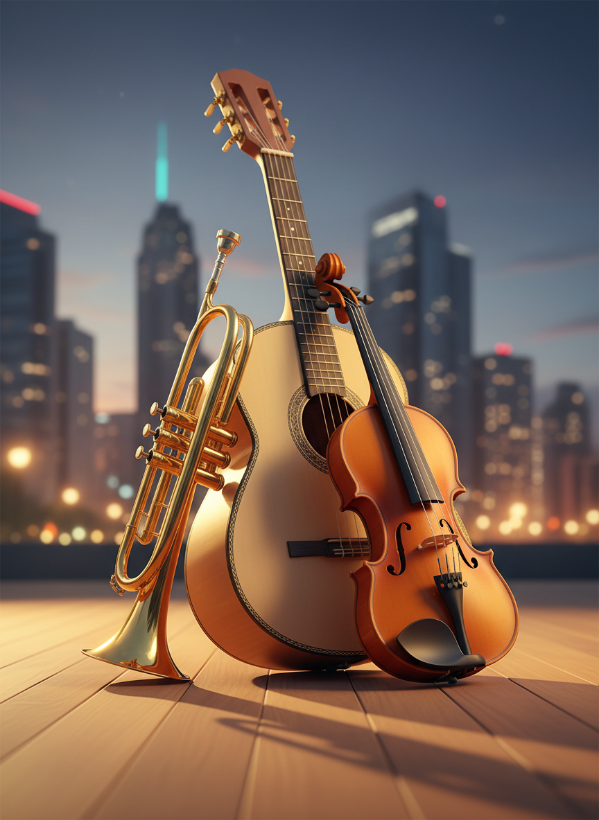 Un conjunto de elegantes instrumentos de mariachi sin músicos: una brillante trompeta dorada, un guitarrón robusto de madera clara y un violín de acabado cálido, cuidadosamente apoyados sobre un escenario de madera pulida. Al fondo se insinúa una ciudad inspirada en Guadalajara con luces suaves y edificios estilizados, ligeramente desenfocados. La iluminación de hora dorada entra desde un costado, resaltando reflejos metálicos y vetas de la madera, creando sombras largas y dramáticas. Composición digital-art de estilo vibrante y moderno, con ángulo ligeramente bajo que hace que los instrumentos se vean imponentes. El ambiente es festivo pero profesional, transmitiendo disponibilidad para eventos públicos y privados dentro y fuera de la ciudad.