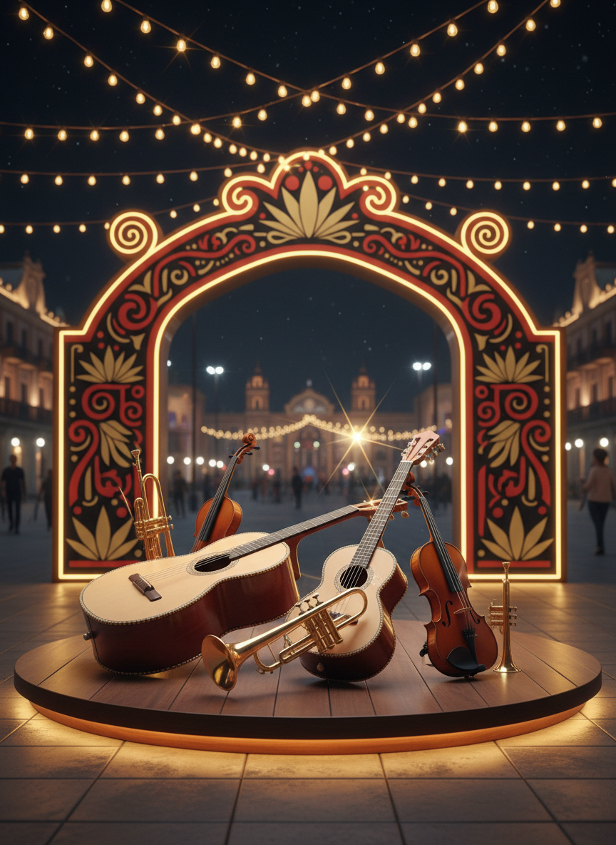 Un elegante arco de entrada digital-art para un evento nocturno en una plaza inspirada en Guadalajara, decorado con motivos tradicionales mexicanos estilizados y colores rojo, dorado y negro. En primer plano, sobre una plataforma iluminada, descansan solamente los instrumentos del mariachi: guitarrón, vihuela, trompetas y violines, dispuestos como si esperaran comenzar. Luces cálidas colgantes cruzan el cielo, creando destellos y reflejos sobre las superficies pulidas. La toma es a nivel del suelo, con enfoque nítido en los instrumentos y fondo con suave bokeh de la ciudad. El ambiente es enérgico y audaz, ideal para ilustrar servicios de mariachi para celebraciones públicas multitudinarias y festivales.