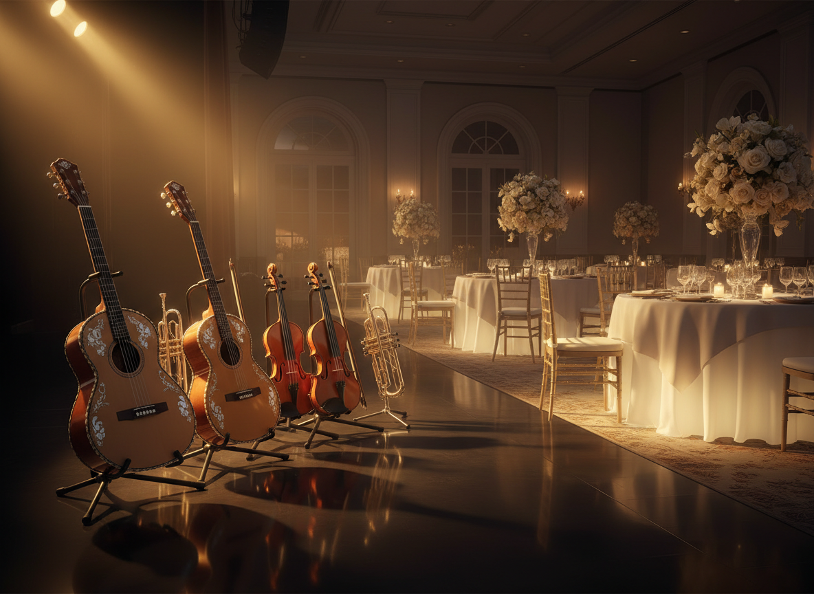 Escena digital-art de un salón elegante para evento privado, con mesas redondas sutilmente iluminadas, centros de mesa florales y manteles claros. En un extremo, un espacio de escenario vacío muestra únicamente un conjunto de instrumentos de mariachi perfectamente alineados sobre soportes: guitarrón, guitarra, violines y trompetas, todos con acabados brillantes y detalles dorados. Focos cálidos de techo bañan suavemente el escenario, creando reflejos marcados y sombras definidas, mientras el resto de la sala se percibe más tenue. Composición en regla de tercios, vista ligeramente elevada, transmitiendo una atmósfera sofisticada, íntima y preparada para una ocasión especial como bodas, aniversarios o eventos corporativos discretos dentro o fuera de Guadalajara.